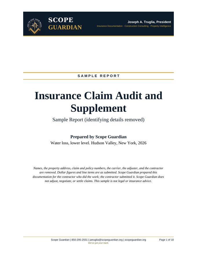 Cover page of the Insurance Claim Audit and Supplement sample report