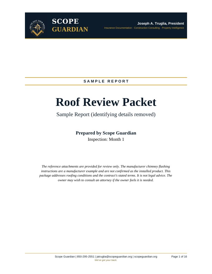 Cover page of the Roof Review Packet sample report